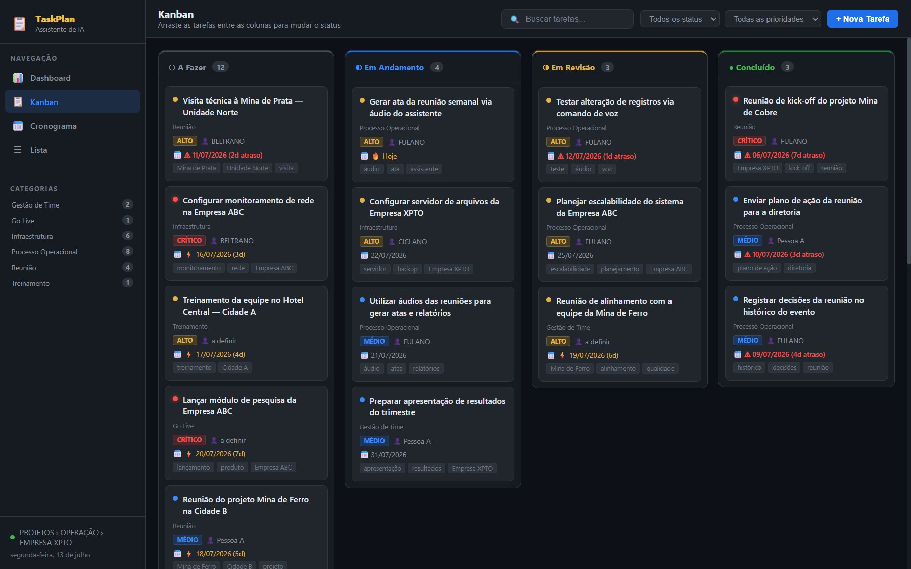 Quadro Kanban com colunas A Fazer, Em Andamento, Em Revisão e Concluído